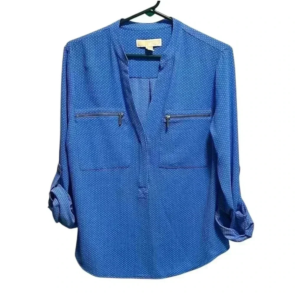 MICHAEL KORS BLUE POLKA DOT DRESS SHIRT WITH GOLD HARDWARE